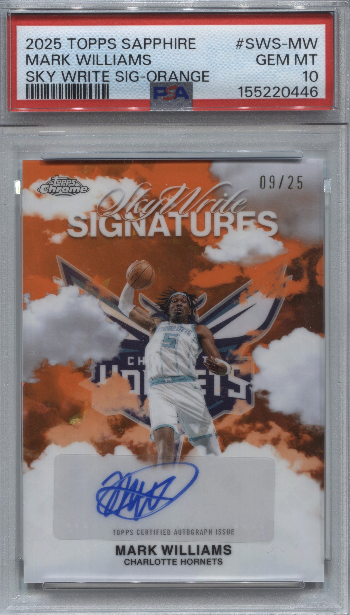 2025-26 Topps Chrome Sapphire Mark Williams Orange Sky-Write Auto /25 #SWS-MW PSA 10