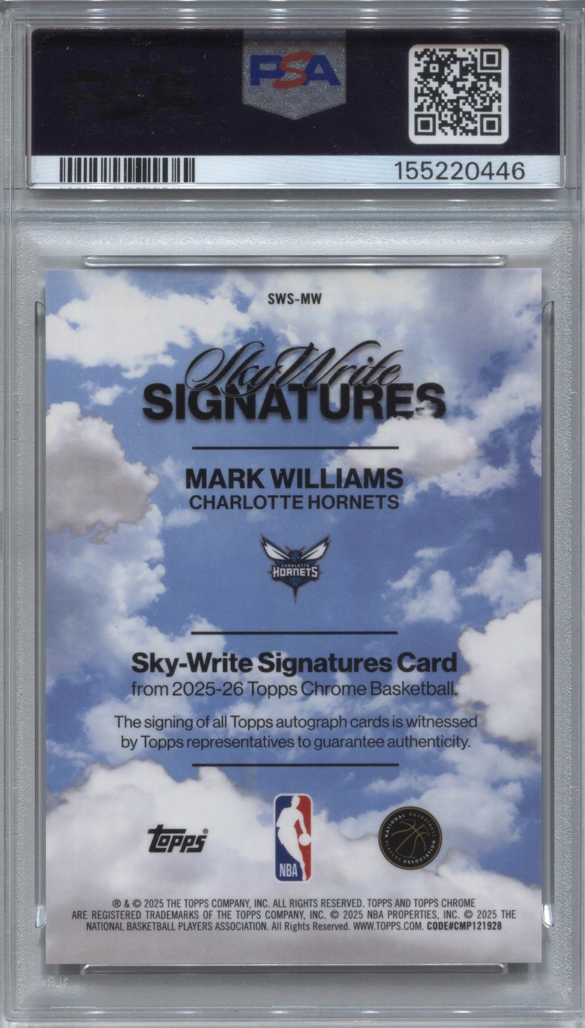2025-26 Topps Chrome Sapphire Mark Williams Orange Sky-Write Auto /25 #SWS-MW PSA 10