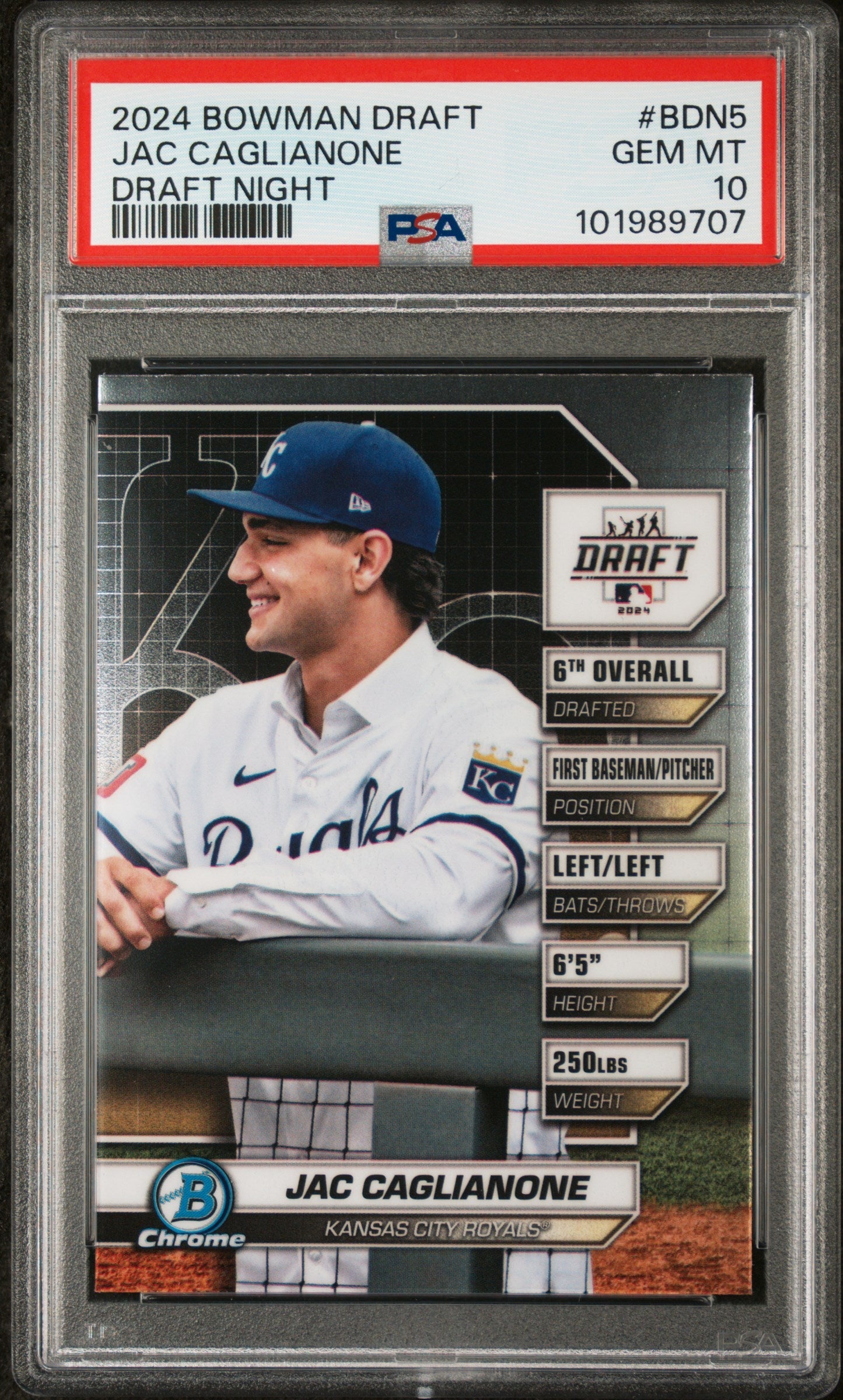 Graded 2024 Topps Bowman Draft Jac Caglianone #BDN5 Draft Night Rookie RC Baseball Card PSA 10 Gem Mint