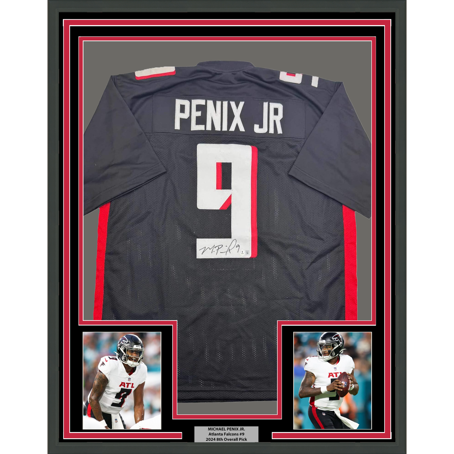 Framed Autographed/Signed Michael Penix Jr. 35x39 Atlanta Black Football Jersey Beckett BAS COA