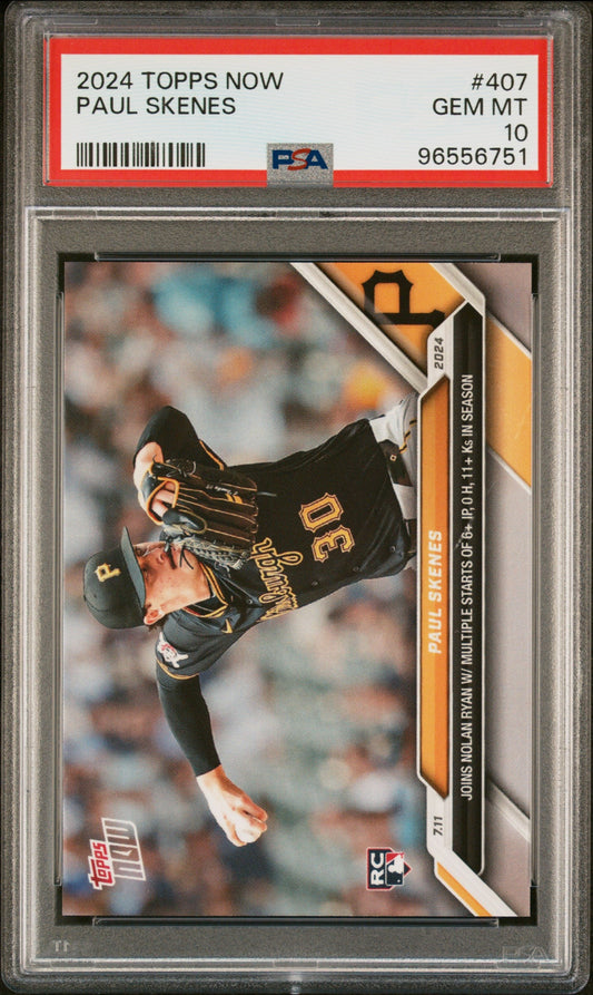 Graded 2024 Topps Now Paul Skenes #407 Rookie RC Baseball Card PSA 10 Gem Mint