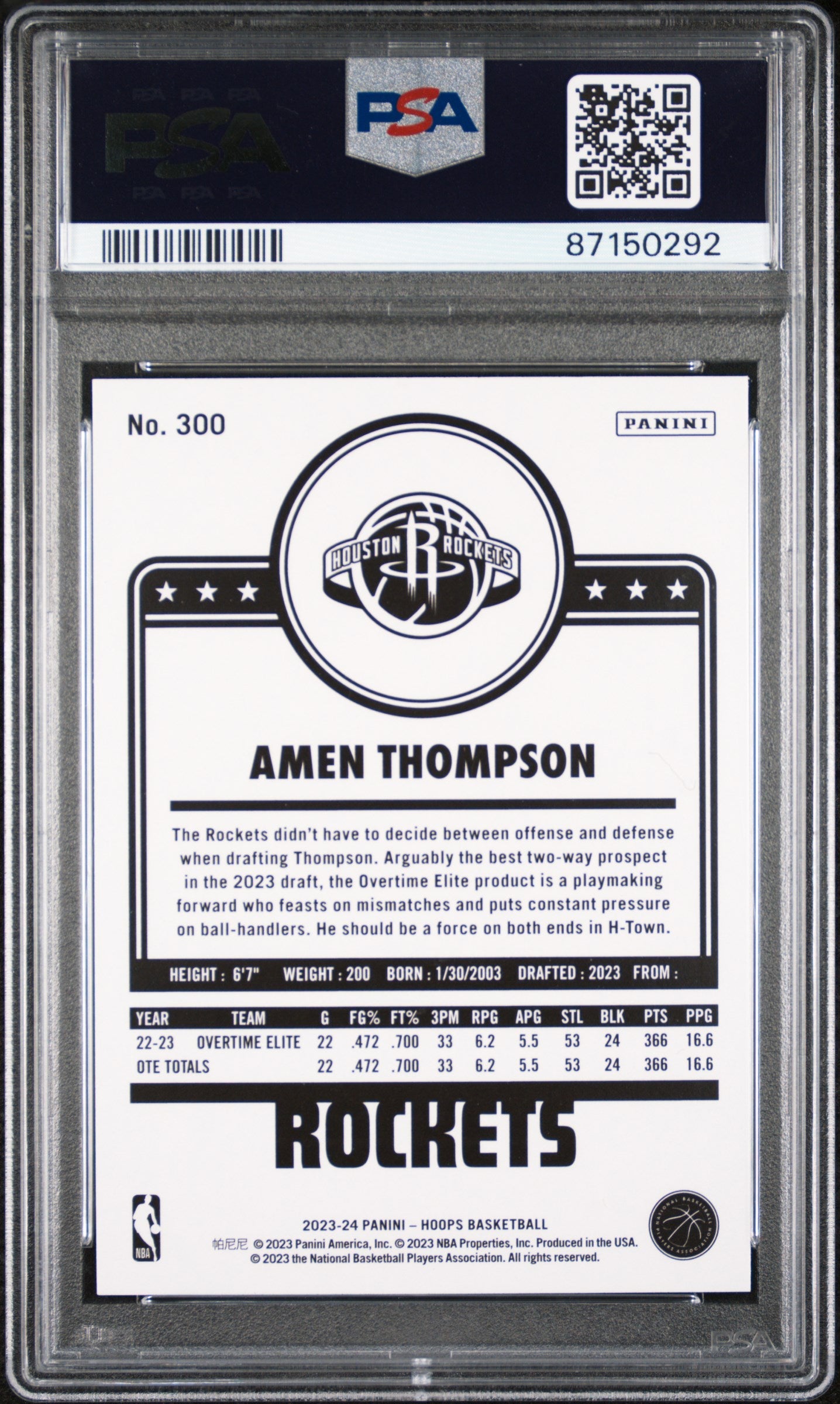 Graded 2023 Panini Hoops Amen Thompson #300 Rookie RC Basketball Card PSA 10 Gem Mint