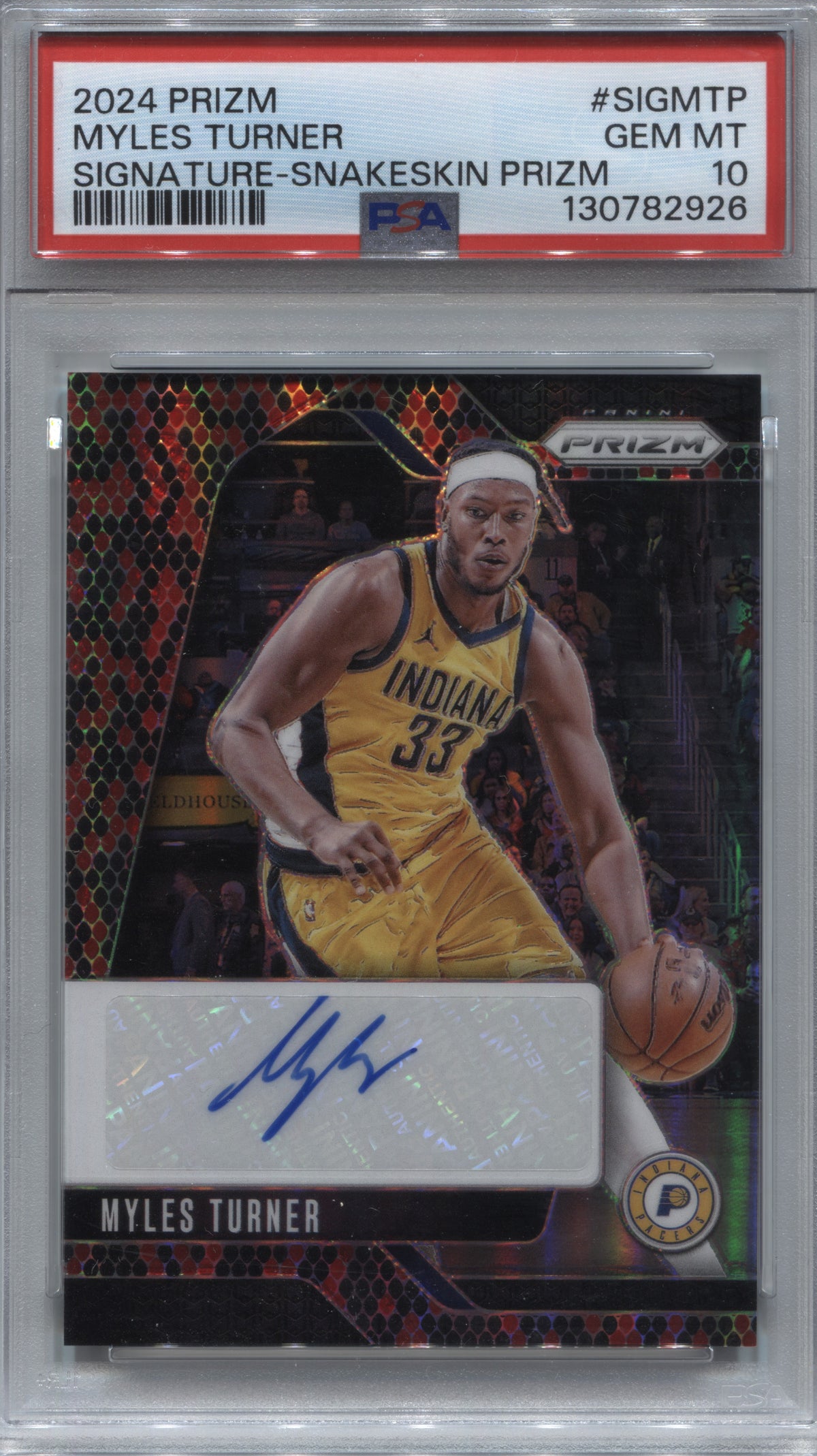 2024-25 Panini Prizm Myles Turner Snakeskin Signatures Auto /15 PSA 10 Pacers