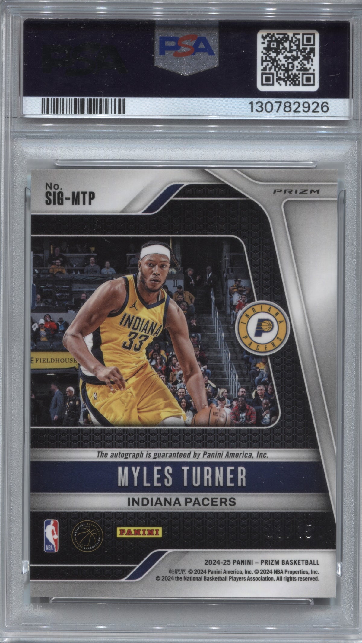 2024-25 Panini Prizm Myles Turner Snakeskin Signatures Auto /15 PSA 10 Pacers