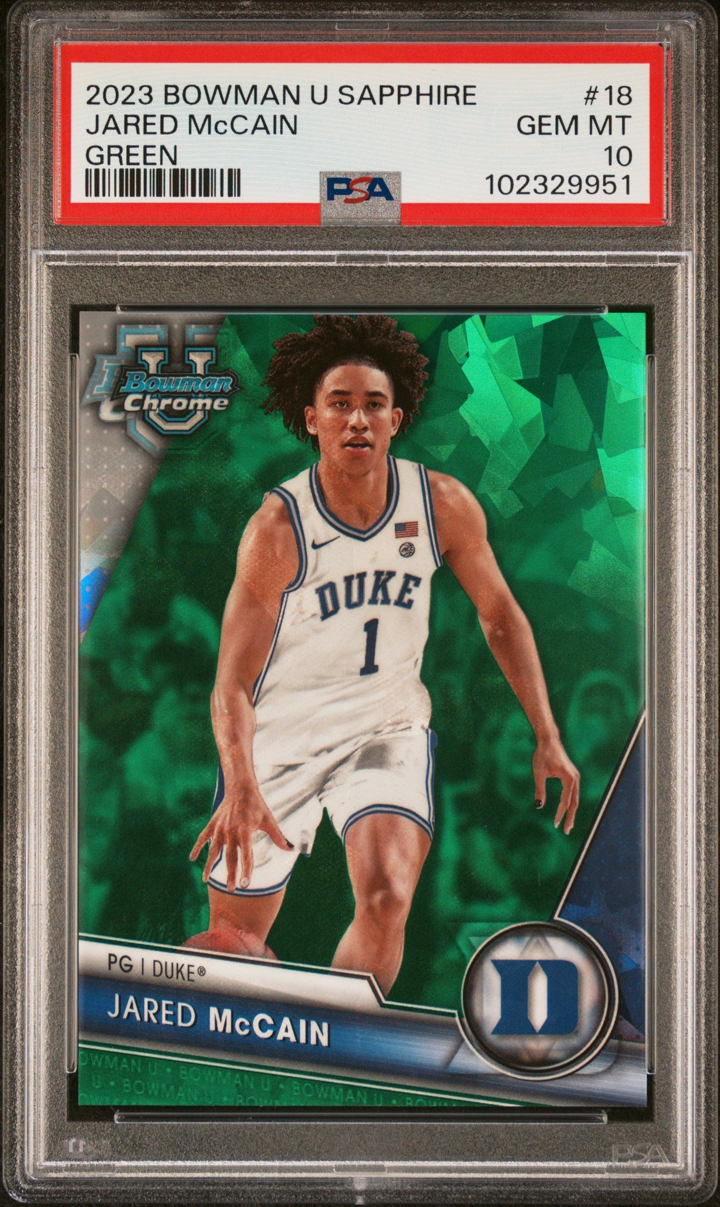Graded 2023 Topps Bowman U Chrome Jared McCain #18 Green /99 Rookie RC Basketball Card PSA 10 Gem Mint