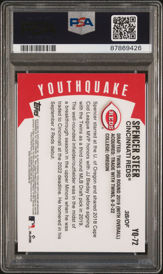 Graded 2023 Topps Chrome Spencer Steer #YQ72 Youthquake Rookie RC Baseball Card PSA 10 Gem Mint