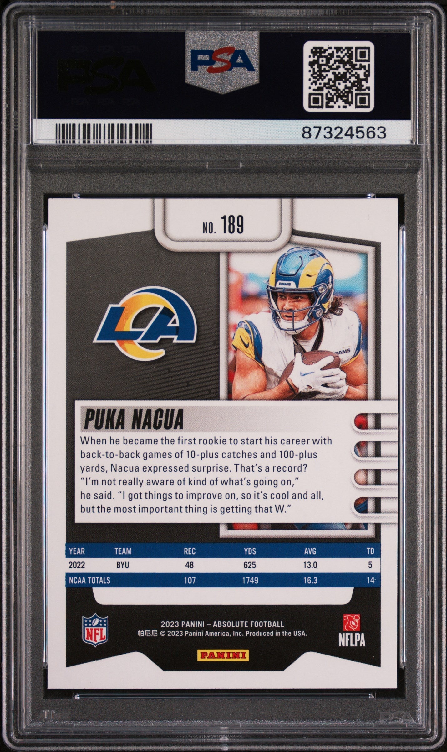 Graded 2023 Panini Absolute Puka Nacua #189 Rookie RC Football Card PSA 10 Gem Mint
