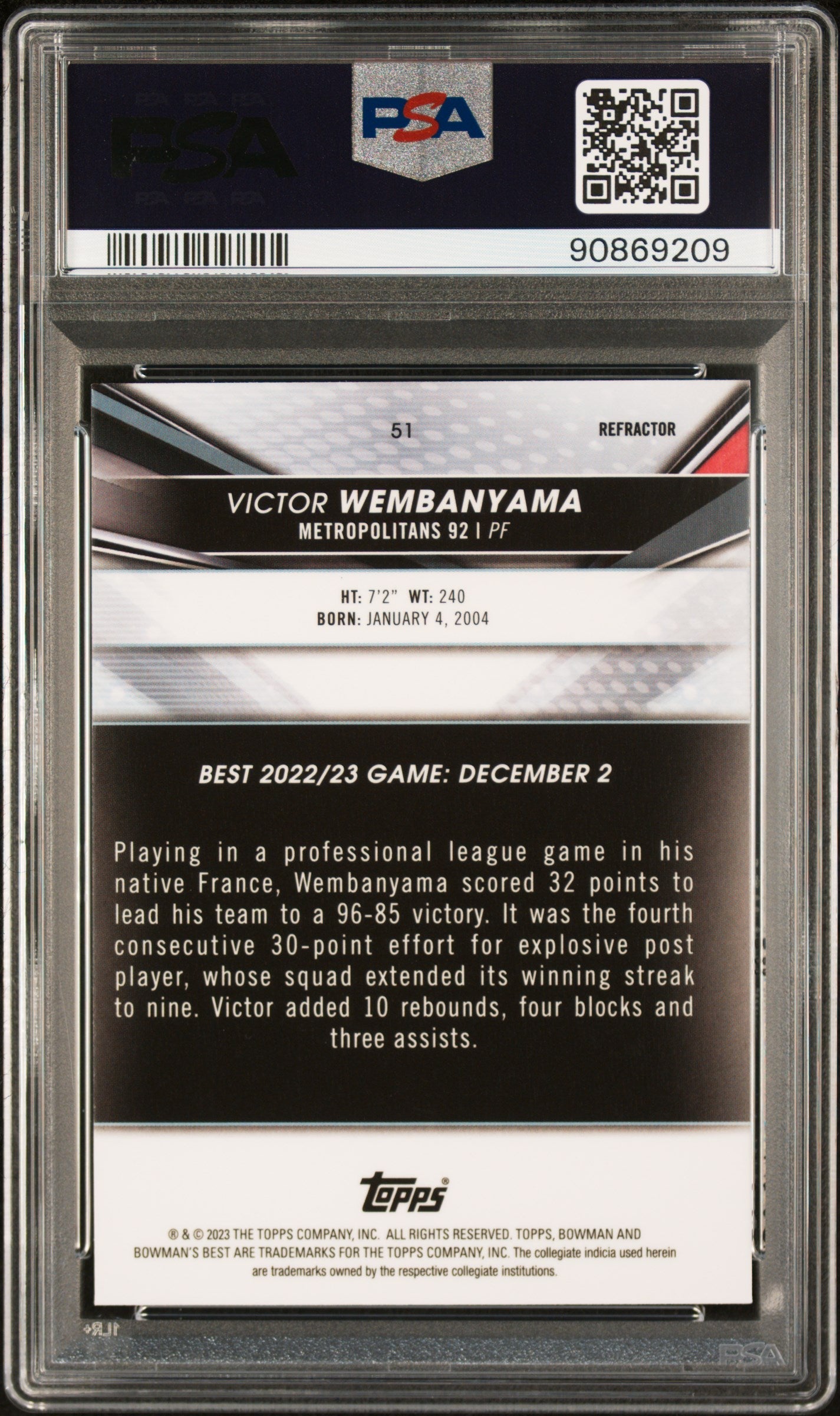 Graded 2022 Topps Bowman University Best Victor Wembanyama #51 Refractor Rookie RC Basketball Card PSA 10 Gem Mint