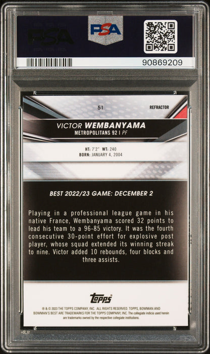 Graded 2022 Topps Bowman University Best Victor Wembanyama #51 Refractor Rookie RC Basketball Card PSA 10 Gem Mint