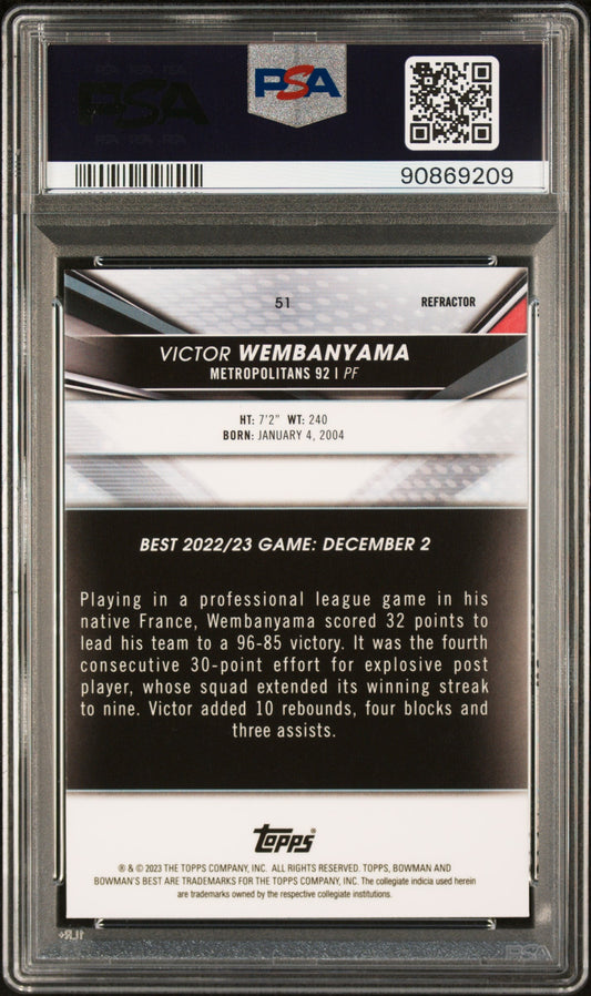 Graded 2022 Topps Bowman University Best Victor Wembanyama #51 Refractor Rookie RC Basketball Card PSA 10 Gem Mint