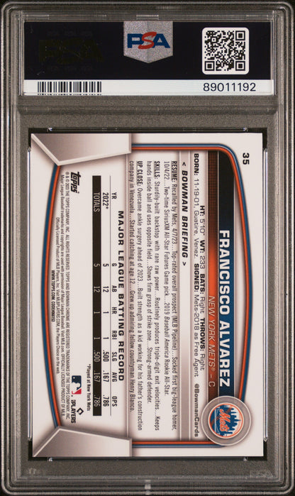 Graded 2023 Topps Bowman Chrome Sapphire Edition Francisco Alvarez #35 Rookie RC Baseball Card PSA 10 Gem Mint