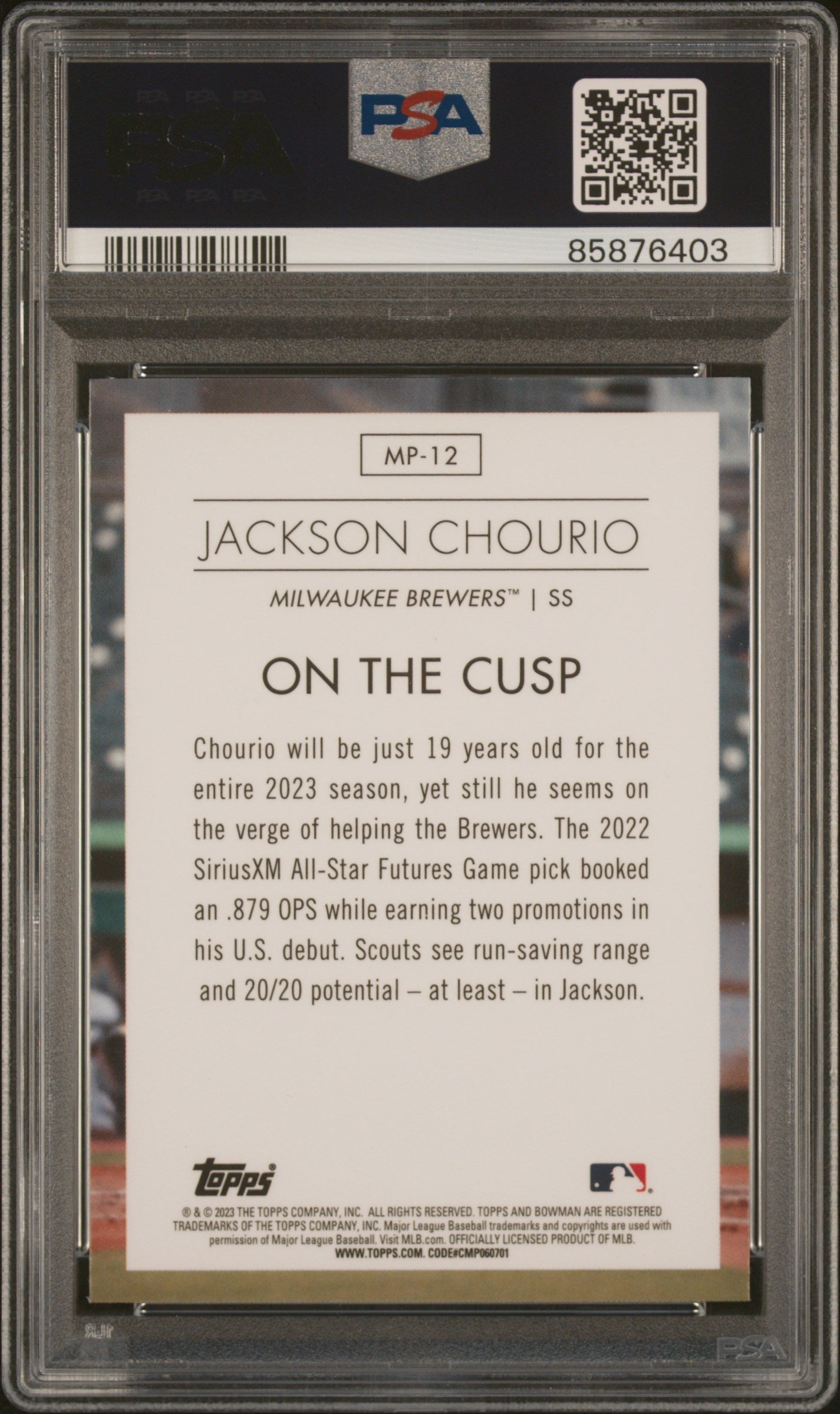 Graded 2023 Topps Bowman Jackson Chourio #MP12 Modern Prospects Rookie RC Baseball Card PSA 10 Gem Mint