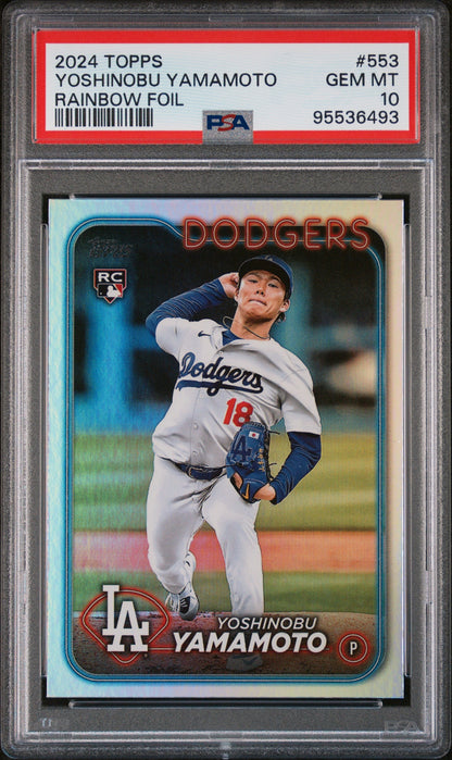 Graded 2024 Topps Yoshinobu Yamamoto #553 Rainbow Foil Rookie RC Baseball Card PSA 10 Gem Mint