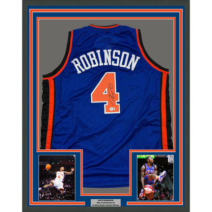 Framed Autographed/Signed Nate Robinson 35x39 New York Blue Basketball Jersey Beckett BAS COA