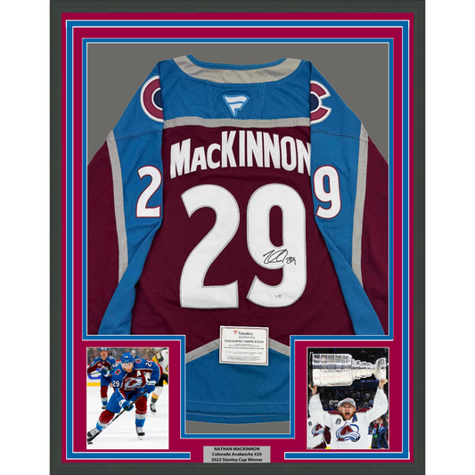 Framed Autographed/Signed Nathan MacKinnon 35x39 Colorado Avalanche Authentic Maroon Hockey Jersey Fanatics COA
