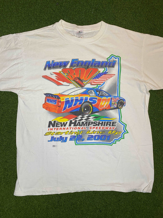 2001 New England 300 - Double Sided - Vintage NASCAR Tee Shirt (Large)