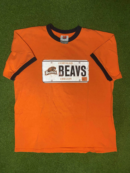 90s Oregon State Beavers - License Plate - Nike - Vintage College Tee Shirt (Large)