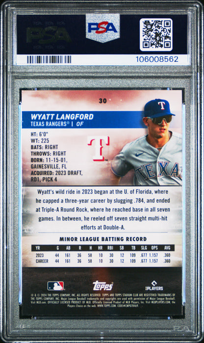 Graded 2024 Topps Stadium Club Wyatt Langford #30 Chrome Rookie RC Baseball Card PSA 10 Gem Mint