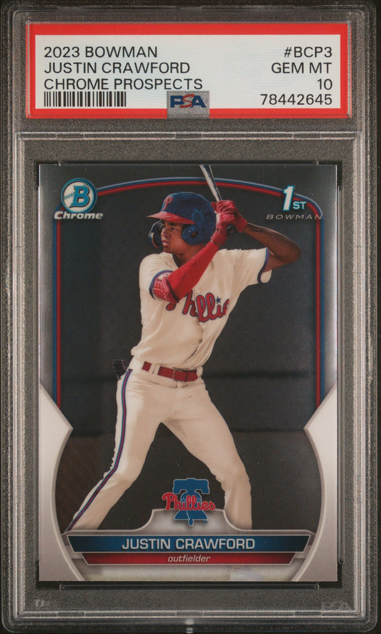 Graded 2023 Topps Bowman Justin Crawford #BCP3 Chrome Prospects Rookie RC Baseball Card PSA 10 Gem Mint