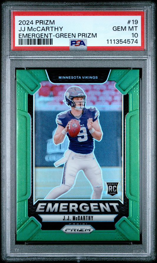 Graded 2024 Panini Prizm JJ McCarthy #19 Emergent Green Rookie RC Football Card PSA 10 Gem Mint