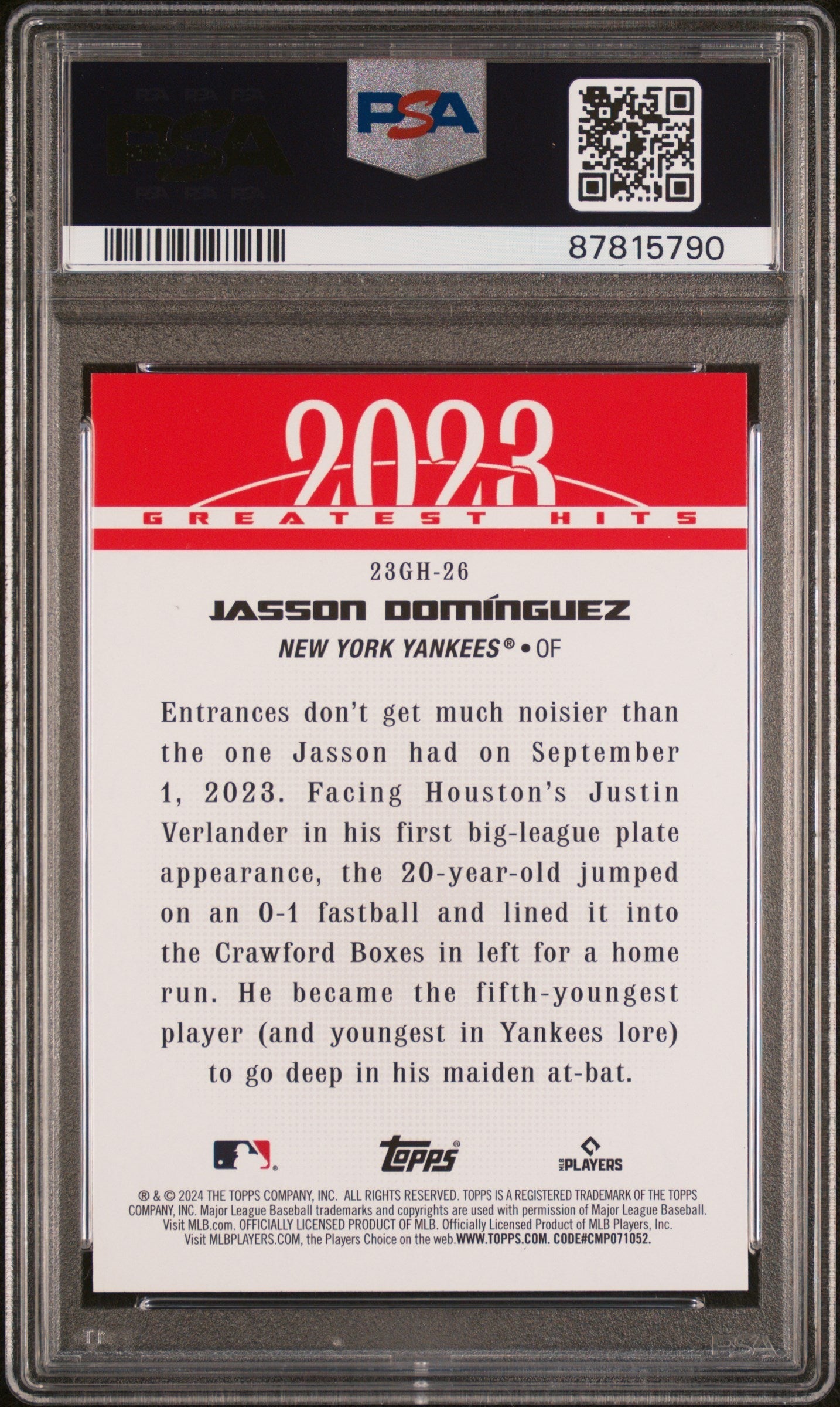 Graded 2024 Topps Jasson Dominguez #23GH26 2023 Greatest Hits Rookie RC Baseball Card PSA 10 Gem Mint