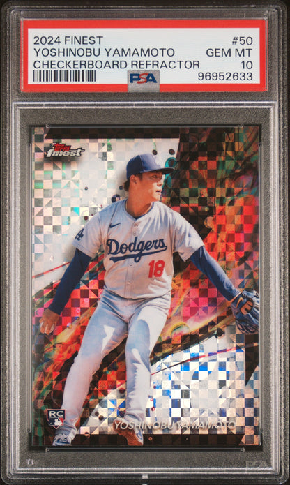 Graded 2024 Topps Finest Yoshinobu Yamamoto #50 Checkerboard Refractor Rookie RC Baseball Card PSA 10 Gem Mint