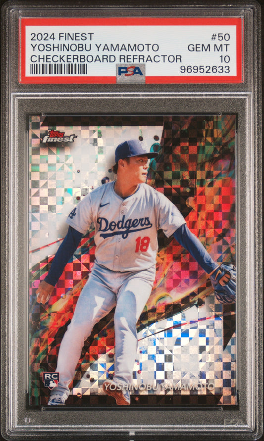 Graded 2024 Topps Finest Yoshinobu Yamamoto #50 Checkerboard Refractor Rookie RC Baseball Card PSA 10 Gem Mint