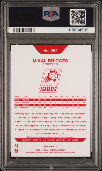Graded 2018 Panini Hoops Mikal Bridges #252 Rookie RC Basketball Card PSA 10 Gem Mint