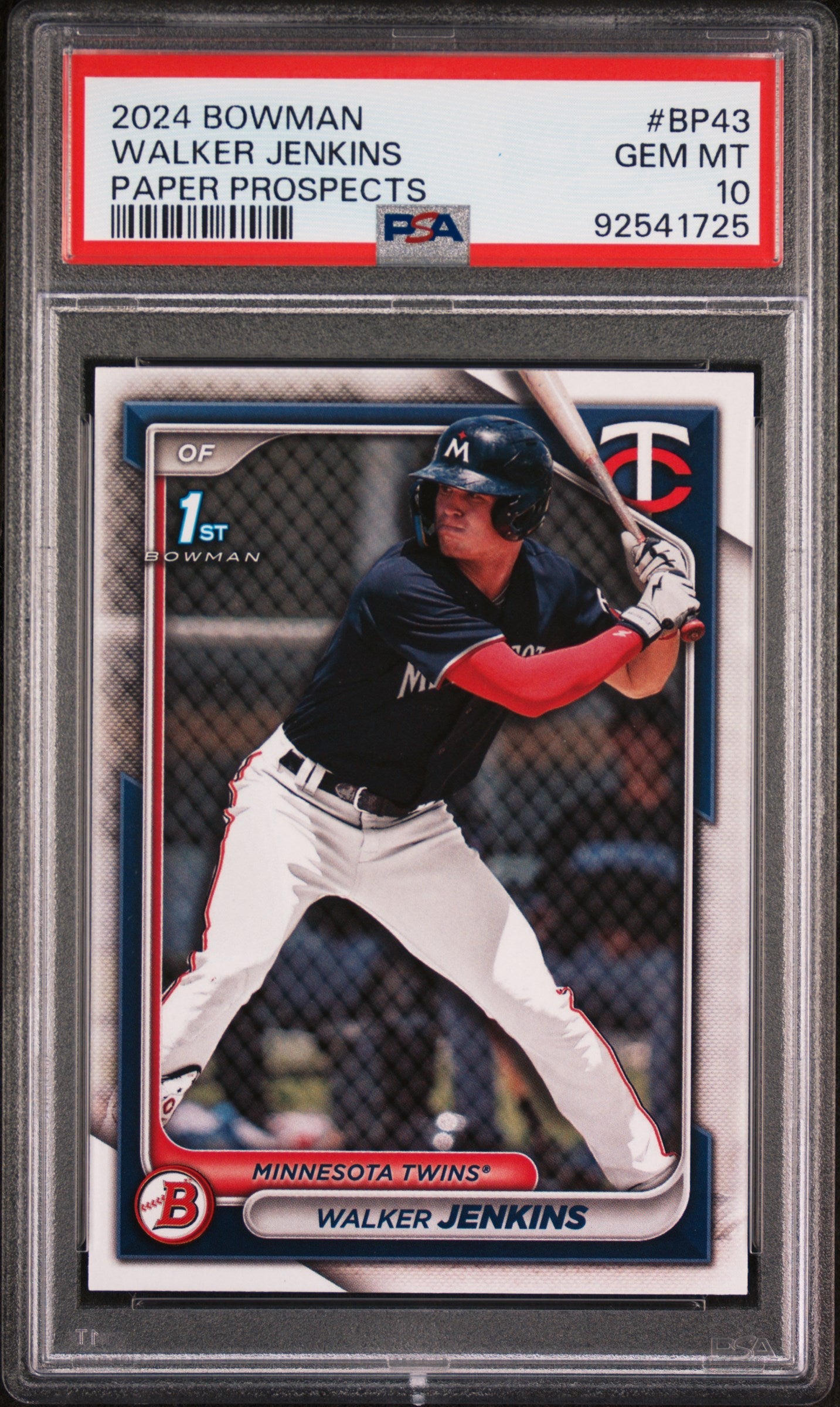 Graded 2024 Topps Bowman Walker Jenkins #BP43 Paper Prospects Rookie RC Baseball Card PSA 10 Gem Mint