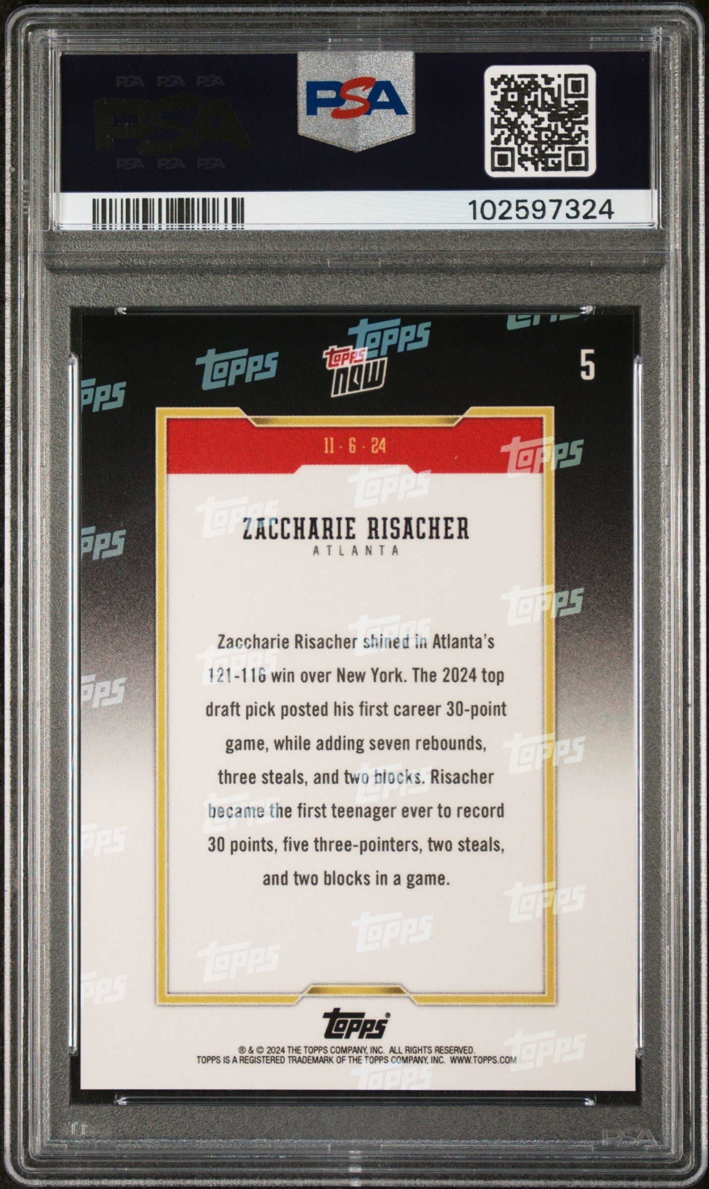 Graded 2024 Topps Now Zaccharie Risacher #5 Rookie RC Basketball Card PSA 10 Gem Mint