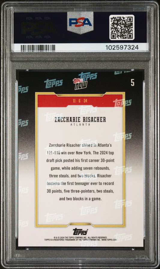 Graded 2024 Topps Now Zaccharie Risacher #5 Rookie RC Basketball Card PSA 10 Gem Mint