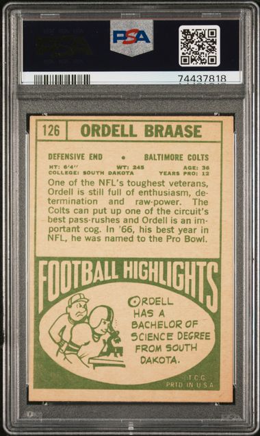 Graded 1968 Topps Ordell Braase #126 Football Card PSA 5 Excellent