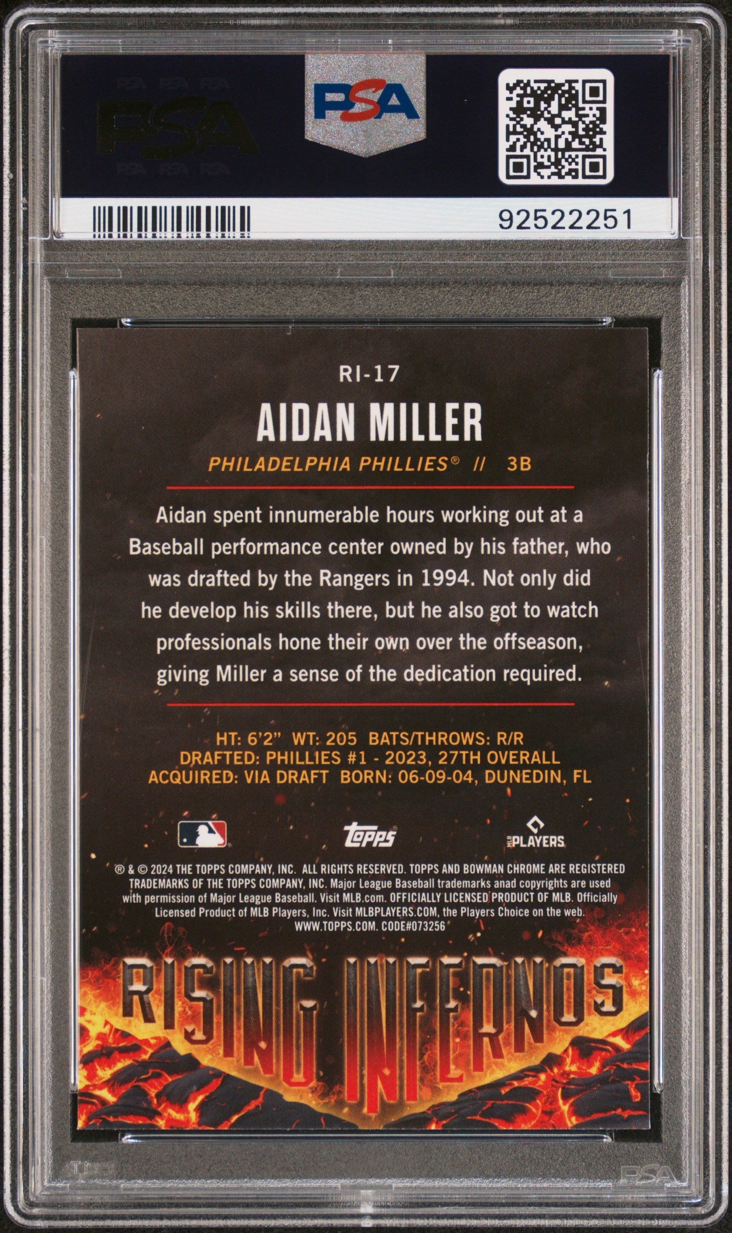 Graded 2024 Topps Bowman Aidan Miller #RI17 Rising Infernos Rookie RC Baseball Card PSA 10 Gem Mint