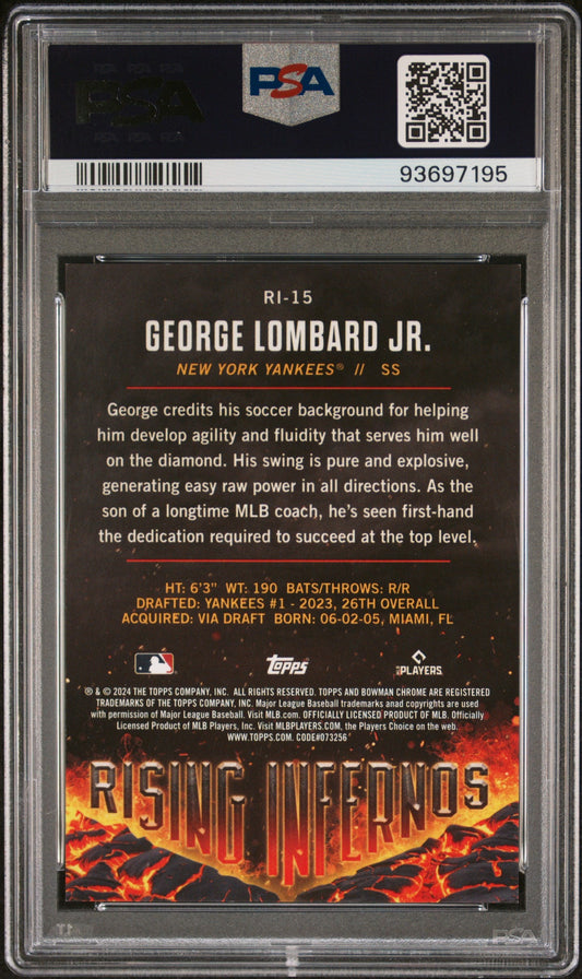 Graded 2024 Topps Bowman George Lombard Jr #RI15 Rising Infernos Aqua #/125 Rookie RC Baseball Card PSA 10 Gem Mint