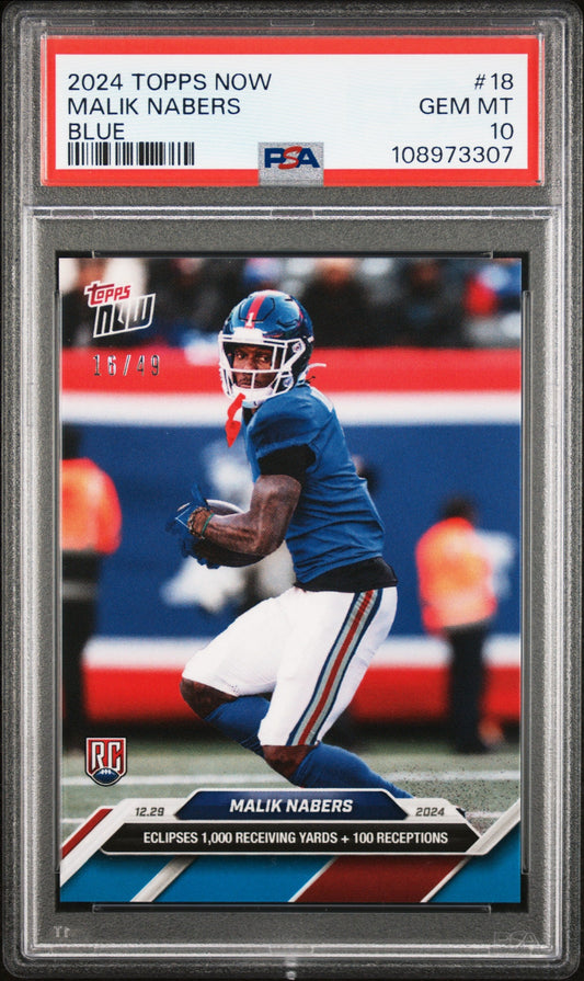 Graded 2024 Topps Now Malik Nabers #18 Blue /49 Rookie RC Football Card PSA 10 Gem Mint