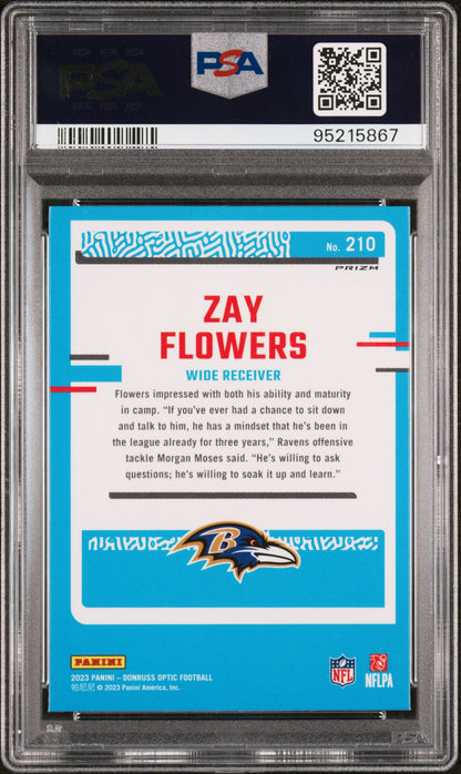 Graded 2023 Panini Donruss Optic Zay Flowers #210 Purple Shock Rookie RC Football Card PSA 10 Gem Mint