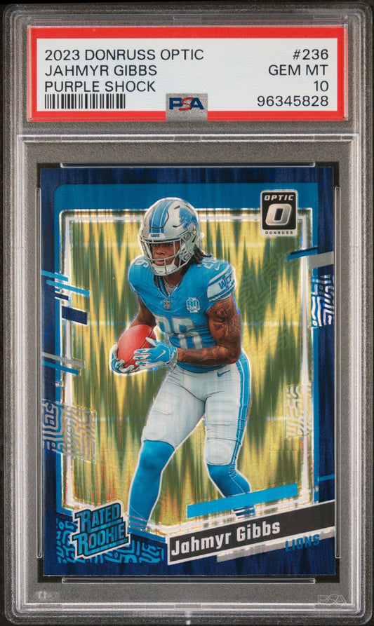 Graded 2023 Panini Donruss Optic Jahmyr Gibbs #236 Purple Shock Rookie RC Football Card PSA 10 Gem Mint
