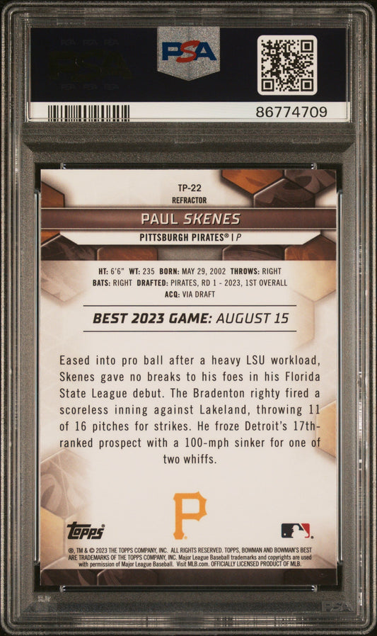 Graded 2023 Topps Bowmans Best Paul Skenes #TP22 Top Prospects Refractor Rookie RC Baseball Card PSA 10 Gem Mint