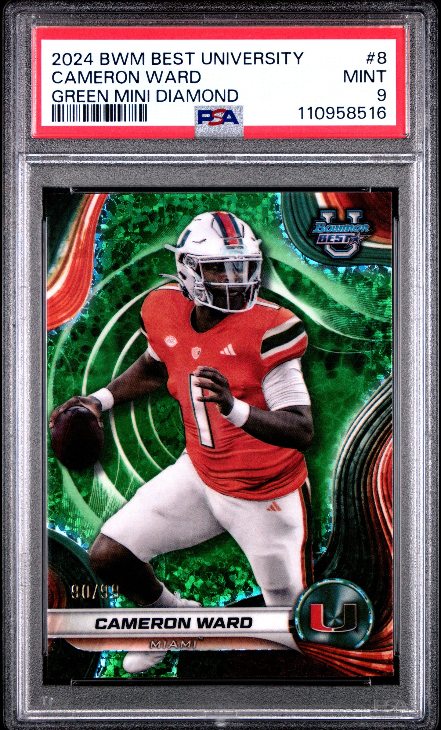 Graded 2024 Topps Bowman Best University Cam Ward #8 Green Mini Diamond /99 Rookie RC Football Card PSA 9 Mint