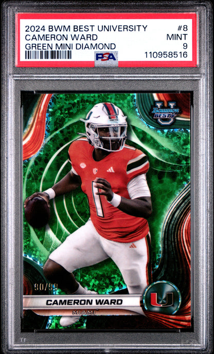Graded 2024 Topps Bowman Best University Cam Ward #8 Green Mini Diamond /99 Rookie RC Football Card PSA 9 Mint