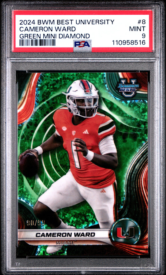 Graded 2024 Topps Bowman Best University Cam Ward #8 Green Mini Diamond /99 Rookie RC Football Card PSA 9 Mint