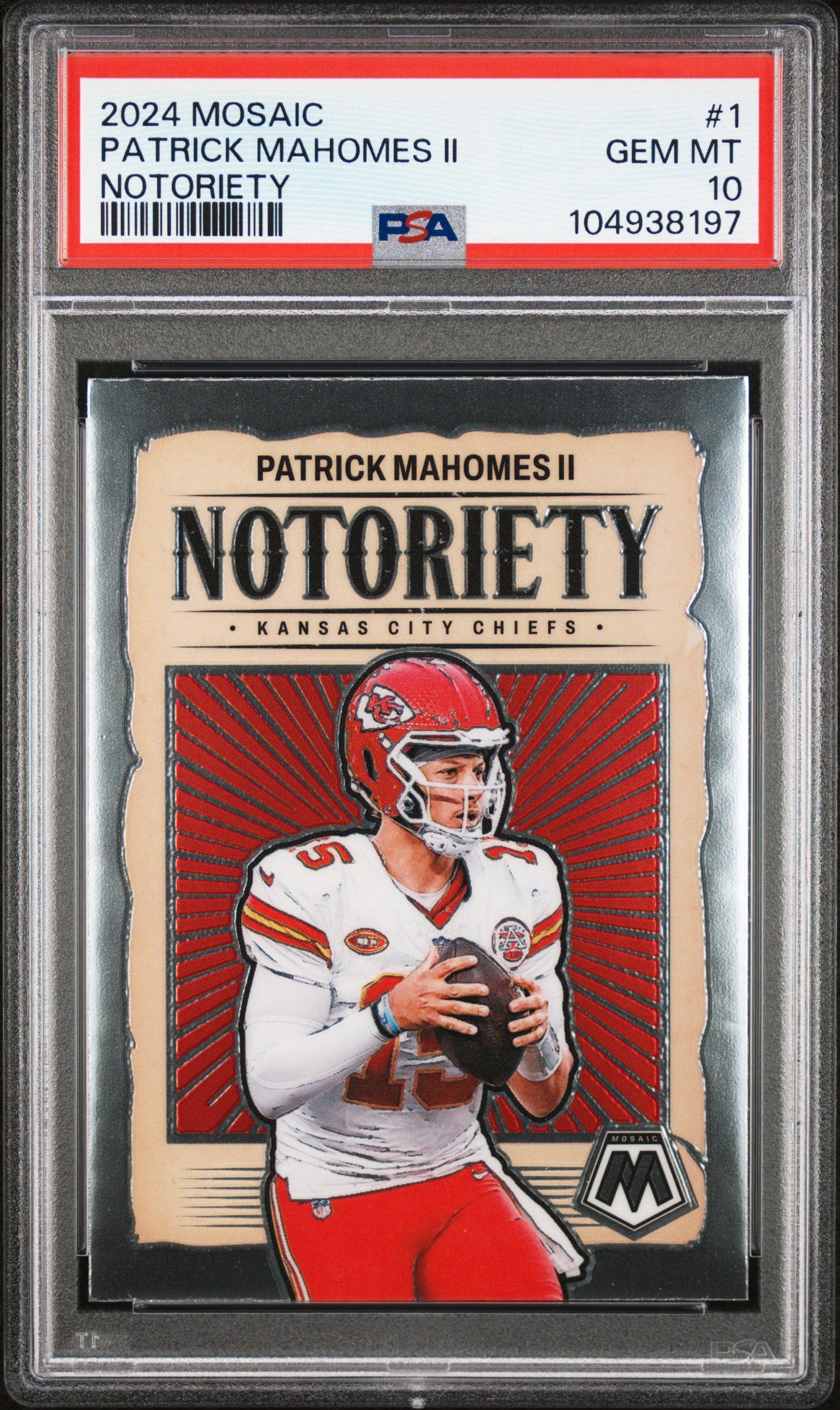 Graded 2024 Panini Mosaic Patrick Mahomes II #1 Notoriety Football Card PSA 10 Gem Mint