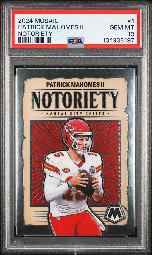 Graded 2024 Panini Mosaic Patrick Mahomes II #1 Notoriety Football Card PSA 10 Gem Mint