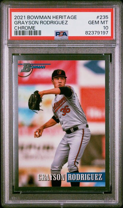 Graded 2021 Topps Bowman Heritage Grayson Rodriguez #235 Chrome Rookie RC Baseball Card PSA 10 Gem Mint