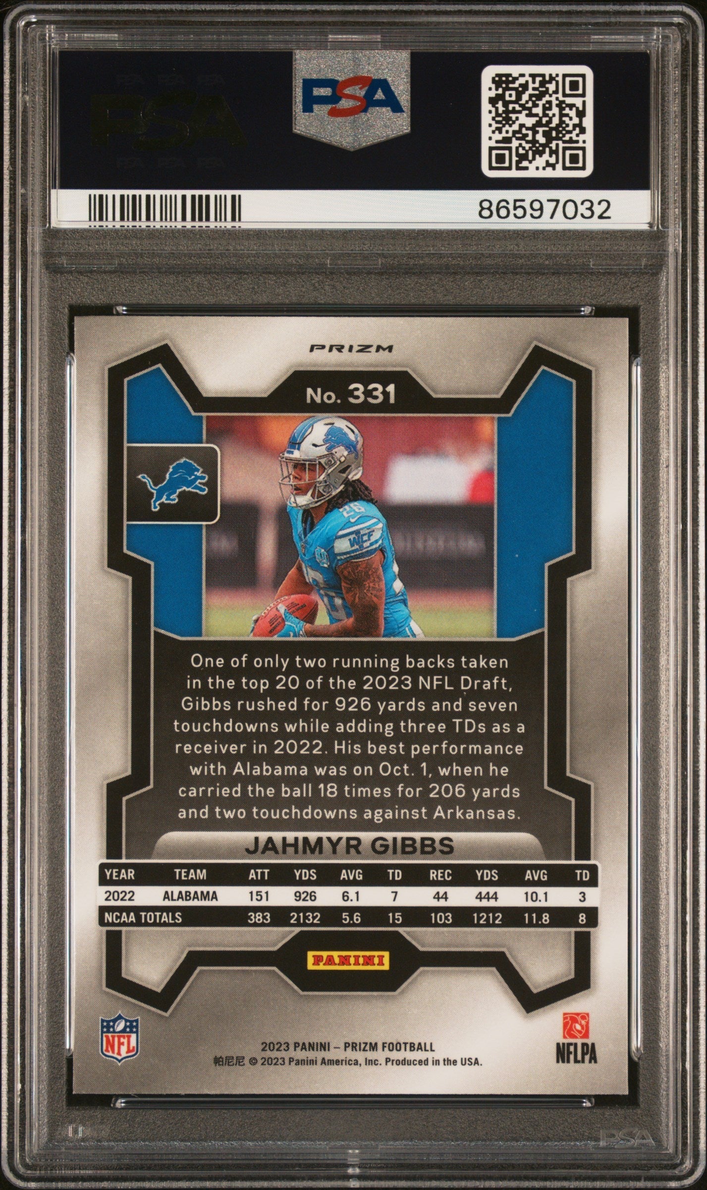 Graded 2023 Panini Donruss Jahmyr Gibbs #331 Neon Green Pulsar Rookie RC Football Card PSA 10 Gem Mint
