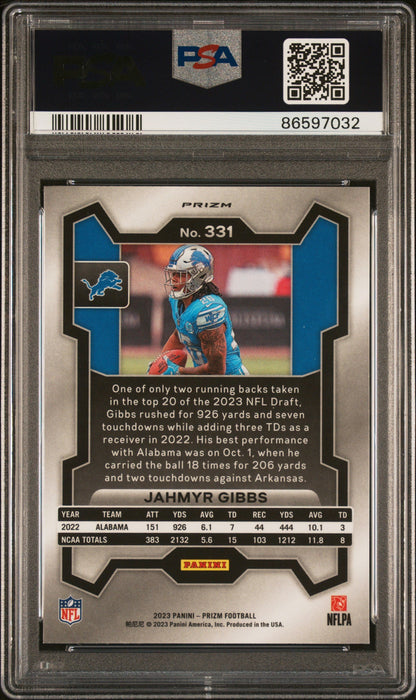 Graded 2023 Panini Donruss Jahmyr Gibbs #331 Neon Green Pulsar Rookie RC Football Card PSA 10 Gem Mint