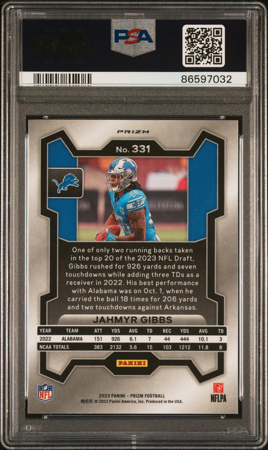 Graded 2023 Panini Donruss Jahmyr Gibbs #331 Neon Green Pulsar Rookie RC Football Card PSA 10 Gem Mint