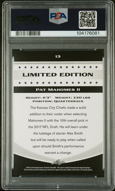 Graded 2017 Leaf Draft Patrick Mahomes II #13 Special Release Limited Edition Rookie RC Football Card PSA 10 Gem Mint