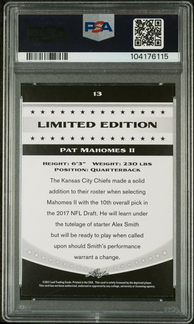 Graded 2017 Leaf Draft Patrick Mahomes II #SBMVP Special Release Limited Edition Rookie RC Football Card PSA 9 Mint