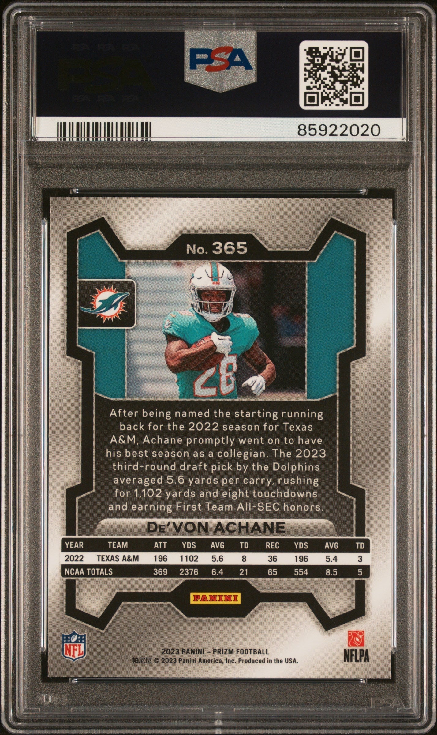 Graded 2023 Panini Prizm Devon Achane #365 Rookie RC Football Card PSA 10 Gem Mint